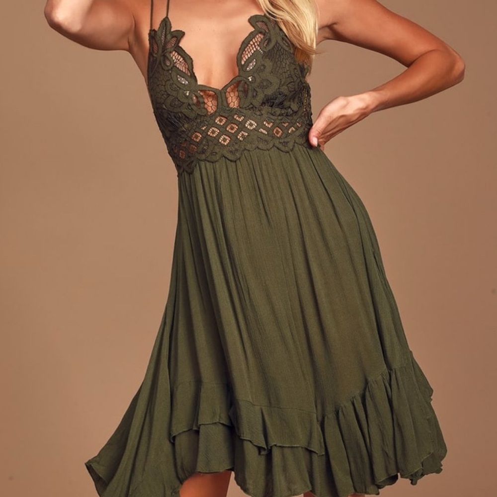Free People Adela Lace Slip Dress Olive Green FP One Size Large